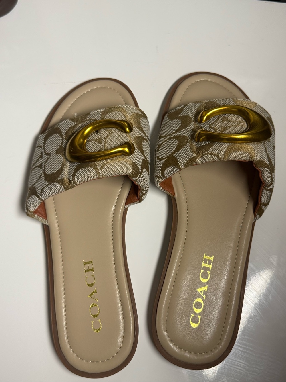 Coach Beige Signature Slide Sandals with Gold Buckle